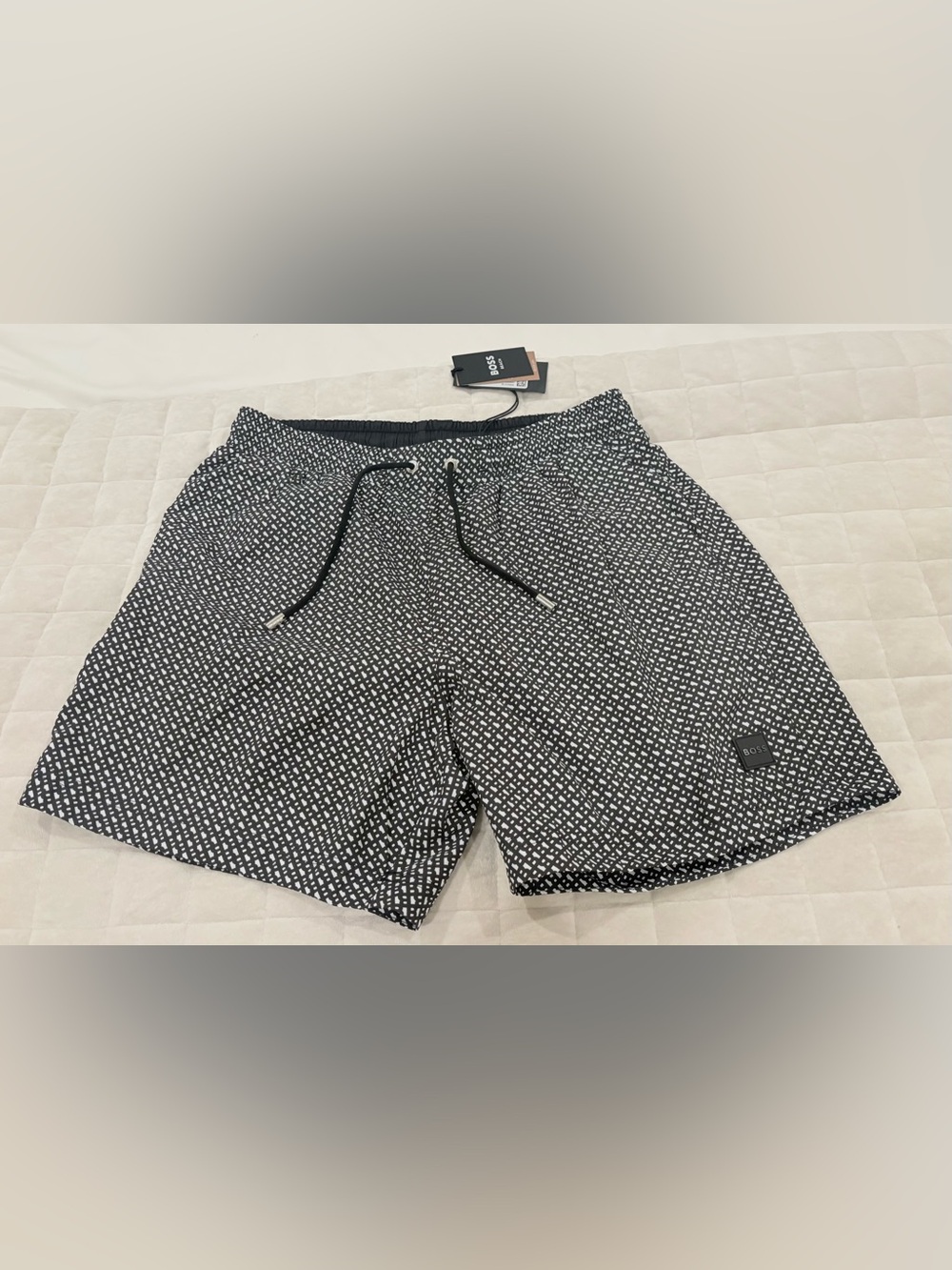 NWT Boss Hugo Boss Ciro Black Monogram Geometric Swim Shorts Trunks Men’s Size S